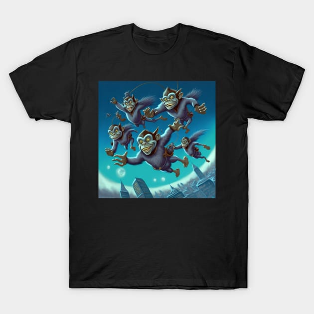 Flying monkeys dressed in blue and soaring over the city. T-Shirt by Liana Campbell